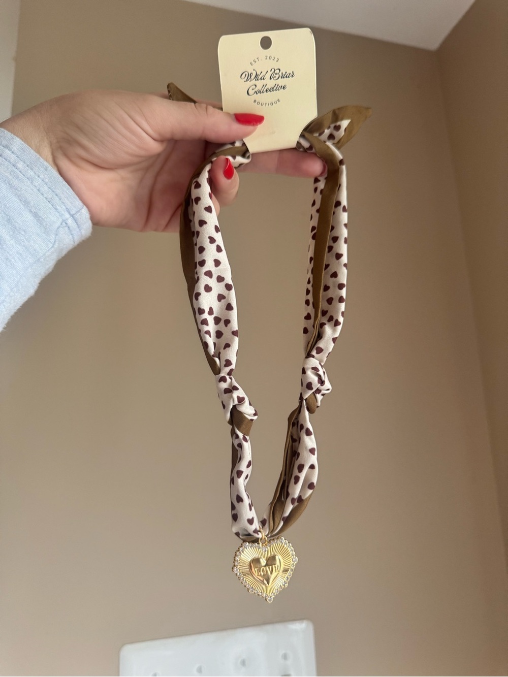 Brown & Cream Heart Locket Scarf Necklace